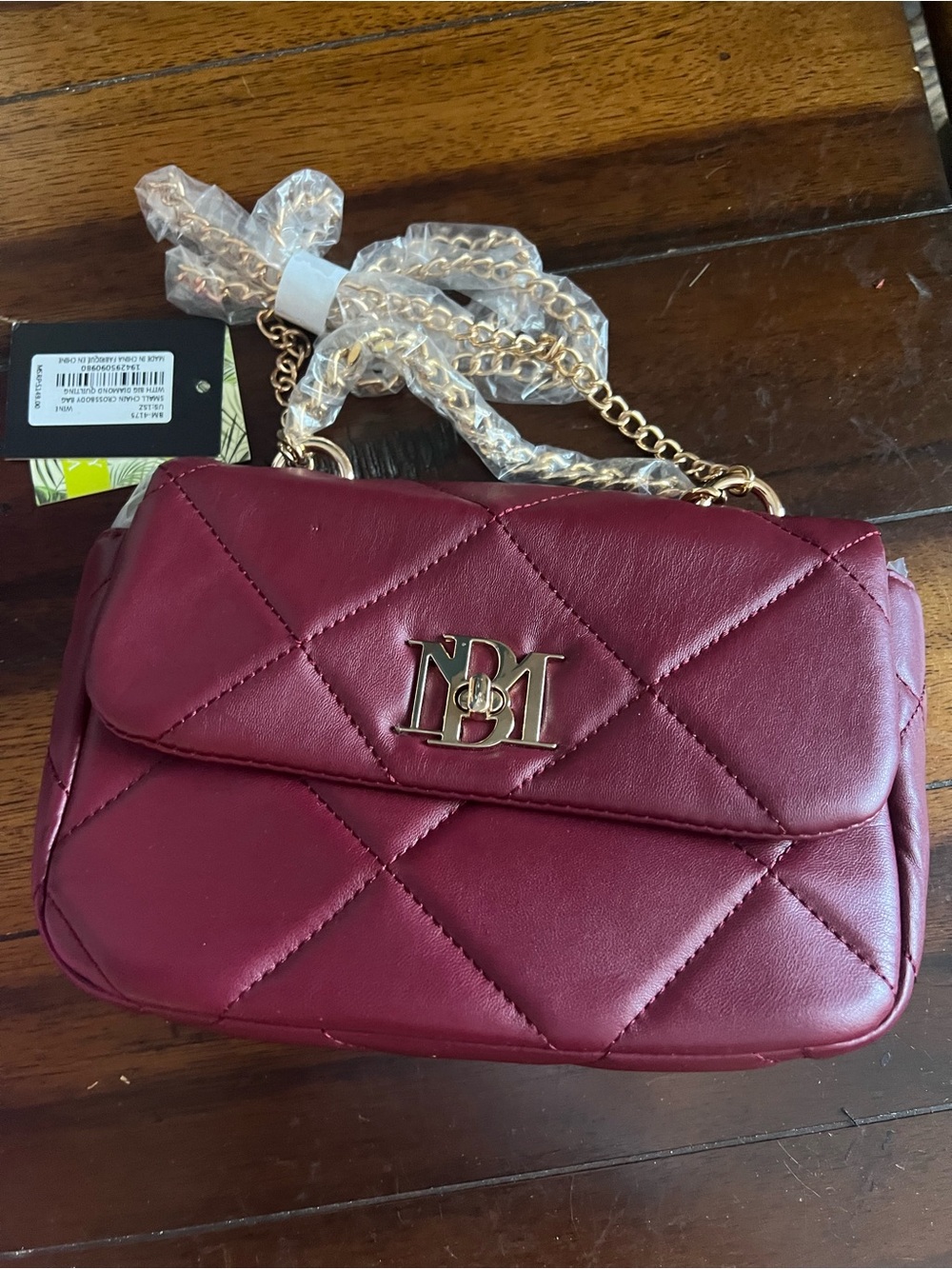 Badgley Mischka Quilted Burgundy Crossbody with Gold Chain